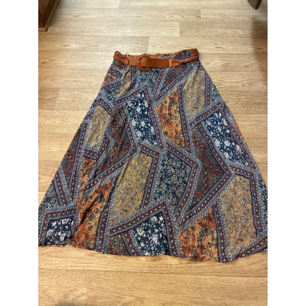 Westport Womens Boho Patchwork Floral Paisley Maxi Skirt with Belt Blue Orange L